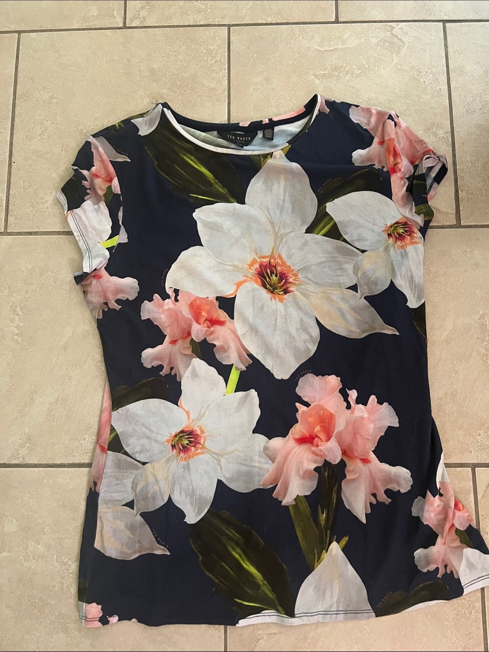 Ted Baker Navy Floral Crewneck Tee with White & Pink Blooms